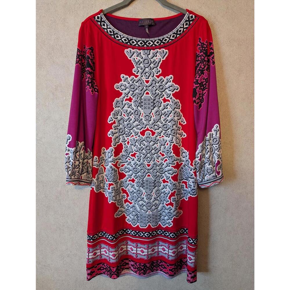 HALE BOB red purple pattern long sleeve jersey dress sz S